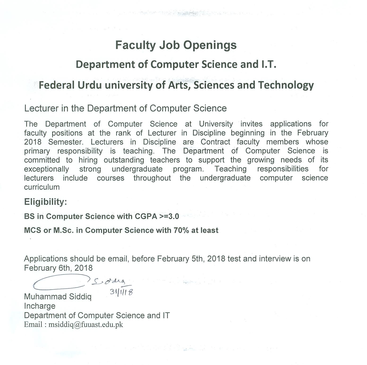 Contractual Faculty Job Openings in department of Computer Science FUUAST